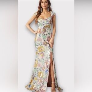 Faeriesty Luxe Floral Sequin Formal Maxi Dress with Side Slit Size xl